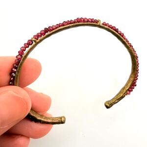 Handmade Vtg Brass Faceted Garnet Bead Cuff Bracelet Ethnic Tribal Festival Boho